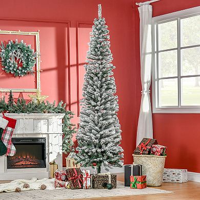 HOMCOM 7.5ft Slim Unlit Pine Snow Flocked Artificial Christmas Hinged PVC Tree