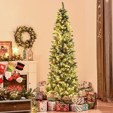7.5' Pre-lit Christmas Tree White Snow Flocked Holiday Decoration W/ Led Lights