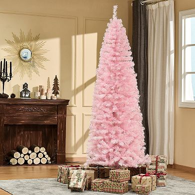 7' Slim Artificial Christmas Holiday Pencil Tree Decoration Pink Xmas Tree