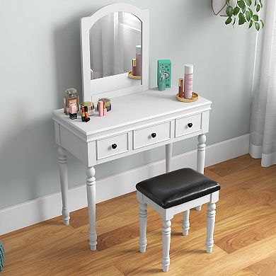 Makeup Vanity Table And Stool Set With Detachable Mirror And 3 Drawers Storage