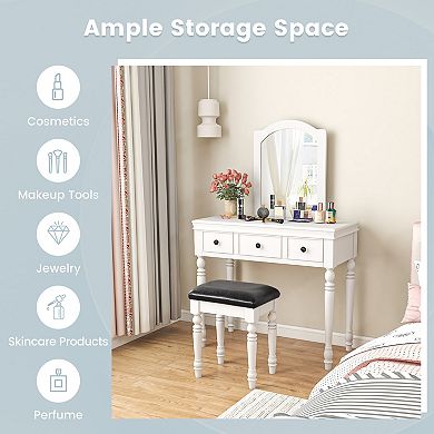 Makeup Vanity Table And Stool Set With Detachable Mirror And 3 Drawers Storage