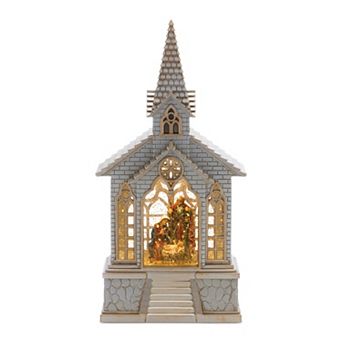 Snow Globe Church & Holy Family 11.25”H Plastic 6 Hr Timer 3AA Batteries Not Included or USB Cord In