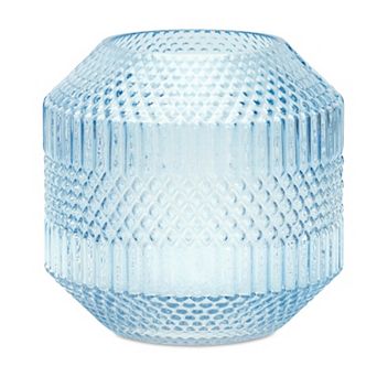 Diamond Pattern Blue Glass Vase Or Candle Holder 8"h