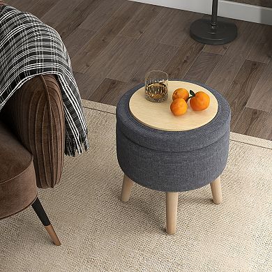 Round Storage Ottoman With Rubber Wood Legs And Adjustable Foot Pads