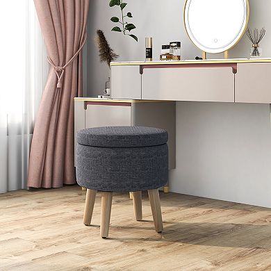 Round Storage Ottoman With Rubber Wood Legs And Adjustable Foot Pads