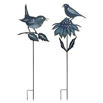 Iron Metal Cut Out Bird And Flower Garden Stake (set Of 2)