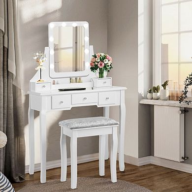 Vanity Dressing Table Set With 10 Dimmable Bulbs And Cushioned Stool