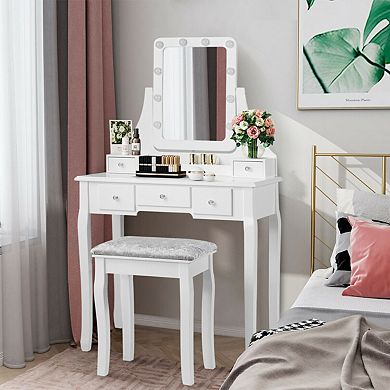 Vanity Dressing Table Set With 10 Dimmable Bulbs And Cushioned Stool