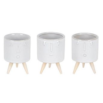 Porcelain Face Planter With Wooden Legs (set Of 3)