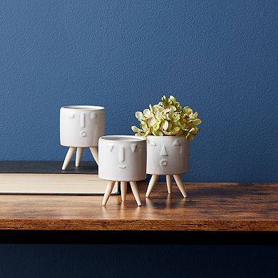 Porcelain Face Planter With Wooden Legs (set Of 3)