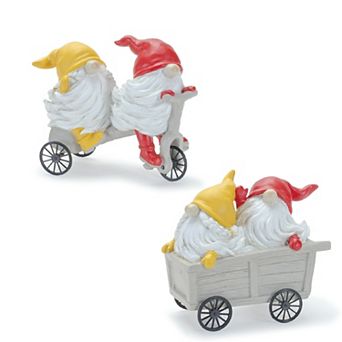 Whimsical Garden Gnome Figurine Riding A Scooter And Wheelbarrow (set of 2)