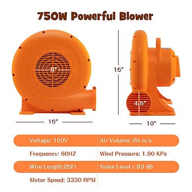 750w Air Blower (1.0hp) For Inflatables With 25 Feet Wire And Gfci Plug