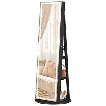 Led Mirror Jewelry Cabinet Standing, Lockable Jewelry Armoire with Full-length Mirror, LED Lights