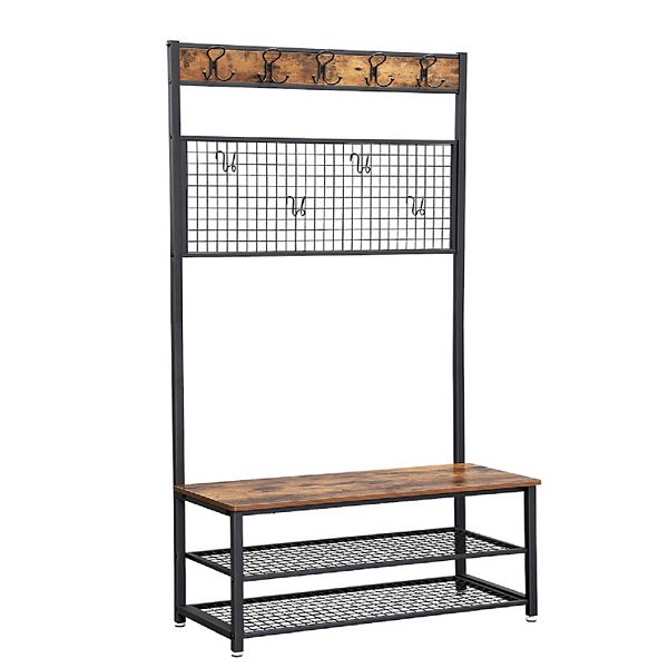 Industrial Coat Stand, Shoe Rack Bench With Grid Memo Board, 9 Hooks