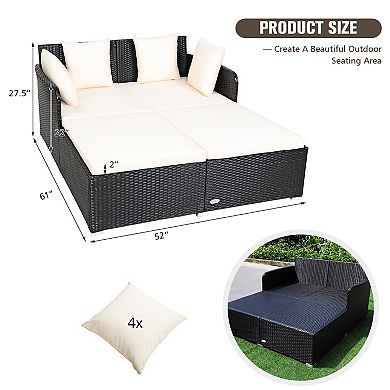Spacious Outdoor Rattan Daybed With Upholstered Cushions And Pillows