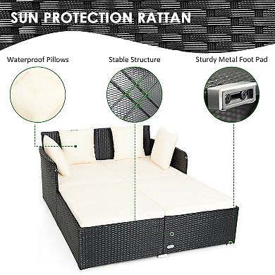 Spacious Outdoor Rattan Daybed With Upholstered Cushions And Pillows