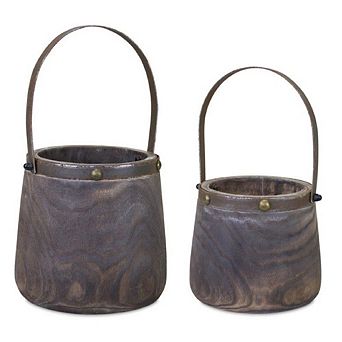 Natural Wooden Pail Planter With Metal Handle Accent - Brown (set Of 2)