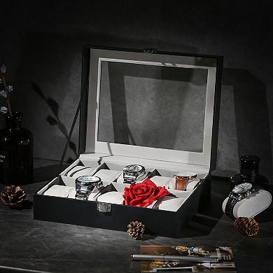 10 Slots Watch Box, Holder with Glass Lid, Case with Removable Pillow, Velvet Lining, Metal Clasp