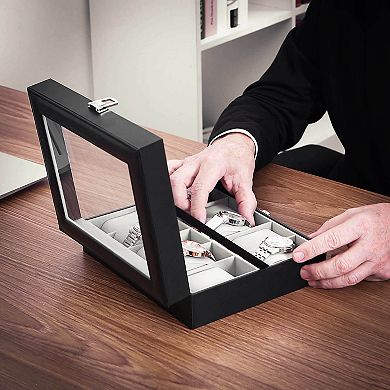 10 Slots Watch Box, Holder with Glass Lid, Case with Removable Pillow, Velvet Lining, Metal Clasp