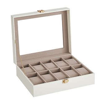 10 Slots Watch Box, Holder with Glass Lid, Case with Removable Pillow, Velvet Lining, Metal Clasp