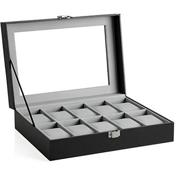 10 Slots Watch Box, Holder with Glass Lid, Case with Removable Pillow, Velvet Lining, Metal Clasp