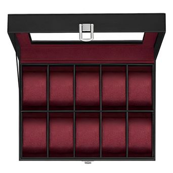 10 Slots Watch Box, Holder with Glass Lid, Case with Removable Pillow, Velvet Lining, Metal Clasp