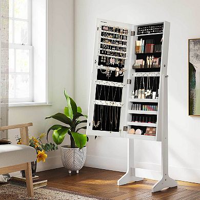 Mirror Jewelry Cabinet Armoire, Freestanding Lockable Storage Organizer Unit