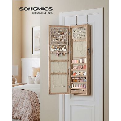 6 LEDs Mirror Jewelry Cabinet, Lockable Wall/Door Mounted Jewelry Armoire Organizer with Mirror