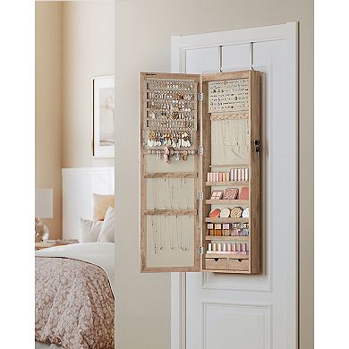 6 LEDs Mirror Jewelry Cabinet, Lockable Wall/Door Mounted Jewelry Armoire Organizer with Mirror