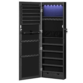 6 LEDs Mirror Jewelry Cabinet, Lockable Wall/Door Mounted Jewelry Armoire Organizer with Mirror