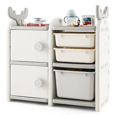 31 Inch Toy Chest And Bookshelf For Toddlers With Enclosed Cabinets And Pull-Out Drawers