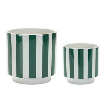 Green And White Striped Planter (set Of 2)