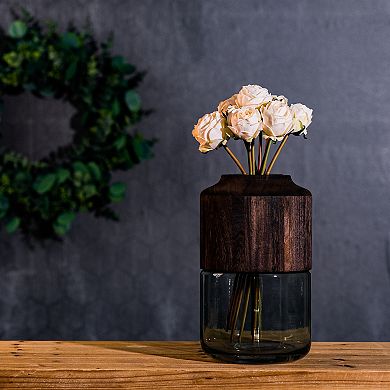 Sage Glass Vase With Wood Accent 11"h