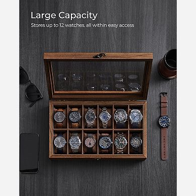 12-Slot Wood Watch Box - Watch Case, Watch Box Organizer with Large Glass Lid