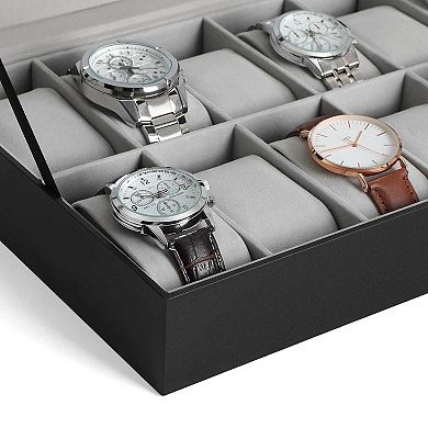 12 Slots Watch Box, Watch Holder with Glass Lid, Watch Case with Removable Watch Pillow