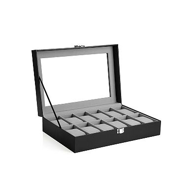 12 Slots Watch Box, Watch Holder with Glass Lid, Watch Case with Removable Watch Pillow