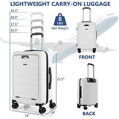 20 Inch Carry-on Luggage Pc Hardside Suitcase Tsa Lock With Front Pocket And Usb Port