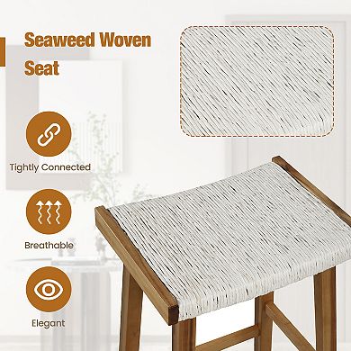 Set Of 2 25.5 Inch Dining Bar Stool With Seaweed Woven Seat