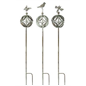 Ornamental Metal Garden Stake With Bird And Insect Accents (set Of 3)