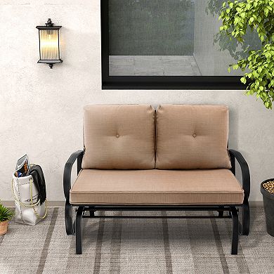 Patio 2-Person Glider Bench Rocking Loveseat with Cushioned Armrest-Beige