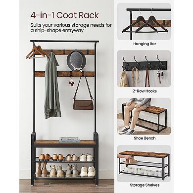 Coat Rack, Hall Tree With Shoe Bench For Entryway, Industrial Accent Furniture With Steel Frame