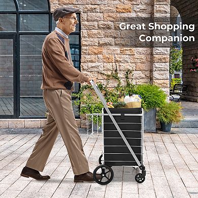 Folding Shopping Cart With Waterproof Liner Wheels And Basket-silver