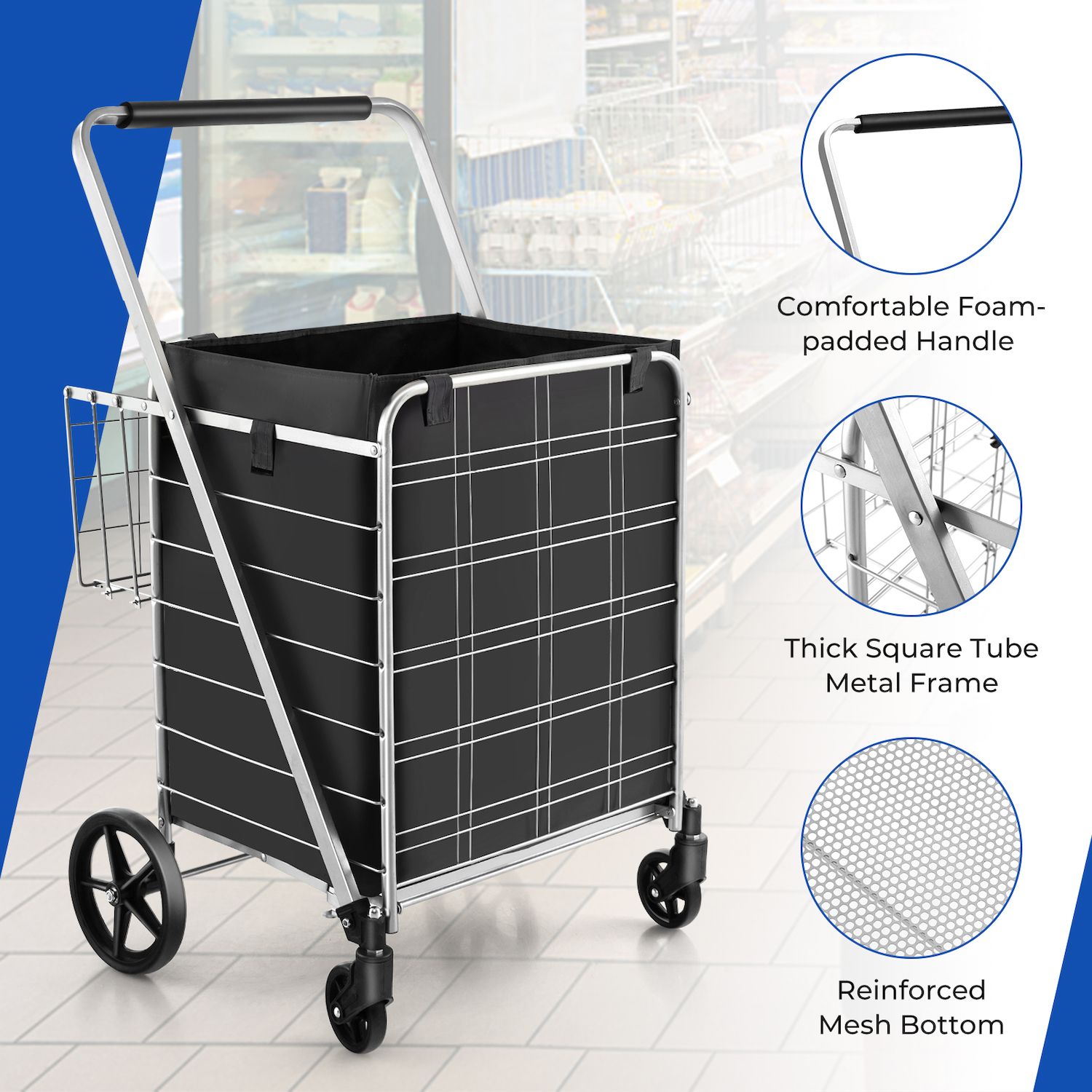 Folding Shopping Cart With Waterproof Liner Wheels And Basket Silver   6792015 ALT3