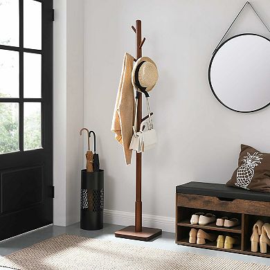 Coat Rack, Solid Coat Stand, Hall Tree, 8 Hooks, Dark Walnut
