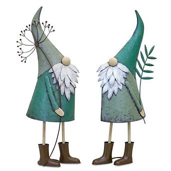 Iron Metal Standing Garden Gnome With Flower (set Of 2)