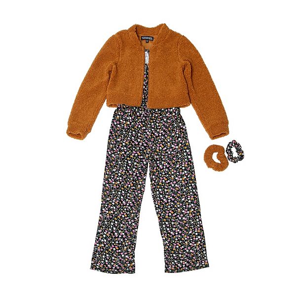 Girls 716 Three Pink Hearts Jumpsuit, Sherpa Jacket & Hair Scrunchies Set