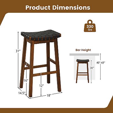 Faux Pu Leather Bar Height Stools Set Of 2 With Woven Curved Seat
