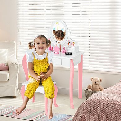 Kids Vanity Princess Makeup Dressing Table Stool Set With Mirror And Drawer