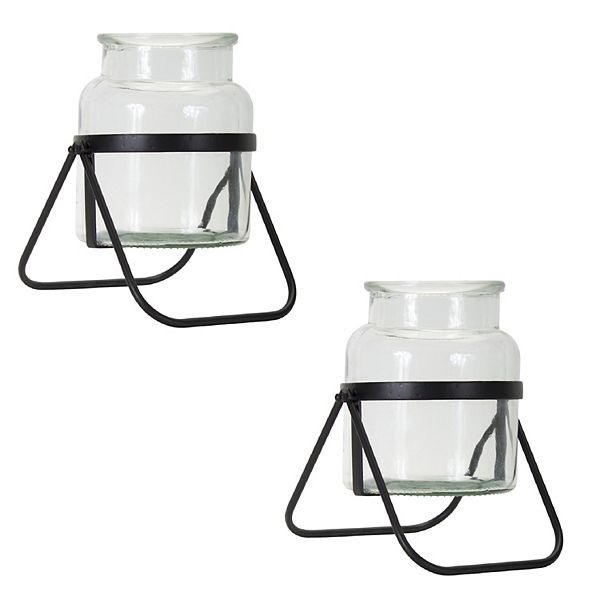 Modern Jar Vase In Meatl Stand 9 Inches (set Of 2)