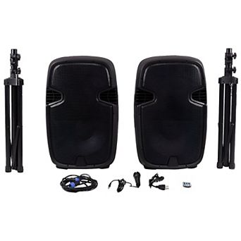 Karaoke Speaker Set with Built-in Amp, Microphone, Tripod Stands, USB SD FM Radio